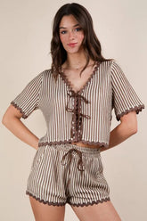 VERY J Wave Trim Detail Knit Top & Shorts Set Taupe OutfitFlow