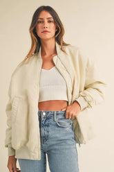 MABLE Back Ruched Utiltiy Bomber Jacket Ecru OutfitFlow