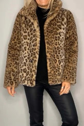 Full Size Leopard Furry Collared Neck Long Sleeve Coat Camel OutfitFlow