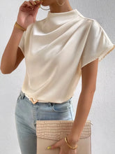 Mock Neck Short Sleeve Blouse Cream OutfitFlow