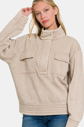 Zenana Acid Washed Half Snap Fleece Sweatshirt Ash Mocha OutfitFlow