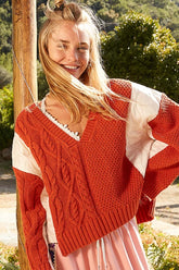 POL Cable Knit Quilting Patch V-Neck Contrast Sweater Orange OutfitFlow
