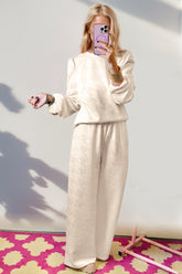 Double Take Texture Long Sleeve Top and Wide Leg Pants Set Cream OutfitFlow