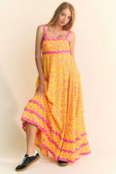 Davi & Dani Geo 2 Tone Printed Wavi Trim Tiered Maxi Dress PINK OutfitFlow