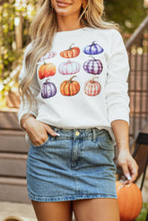 Pumpkin Graphic Long Sleeve Sweatshirt White OutfitFlow