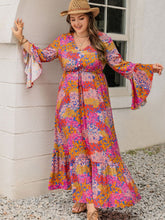 Plus Size Printed V-Neck Long Sleeve Maxi Dress Orange-Red OutfitFlow