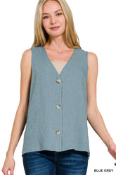 Zenana Side Slit Button-Front Vest BLUE GREY OutfitFlow