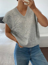 Ribbed Hem V-Neck Short Sleeve Sweater Light Gray OutfitFlow
