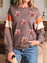 Sequin Bow Pumpkin Round Neck Sweatshirt Taupe OutfitFlow