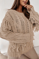 Cable Knit Fringe Round Neck Long Sleeve Sweater Khaki OutfitFlow