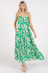 Mittoshop Printed V-Neck Maxi Cami Dress with Pockets Kelly Green OutfitFlow