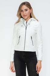 Snobbish Faux Leather Zip Up Drawstring Hooded Jacket White OutfitFlow