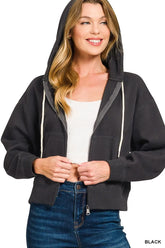 Zenana Fleece Cropped Zip-up Hoodie with Pockets BLACK OutfitFlow