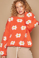 POL Daisy Pattern Drop Shoulder Sweater Sun Orange OutfitFlow