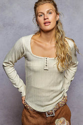 POL Square Neck Cropped Knit Top with Curved Hem NATURAL OutfitFlow