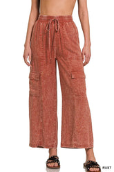 Zenana Washed Linen Elastic Band Waist Cargo Pants RUST OutfitFlow
