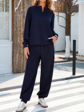 Quarter Button Long Sleeve Top and Pants Set Dark Navy OutfitFlow