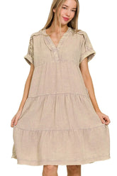 Zenana Washed Double Gauze Raw Edge Notched Dress ASH MOCHA OutfitFlow