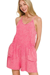 Zenana Acid Crinkle Washed Spaghetti Strap Romper FUCHSIA OutfitFlow