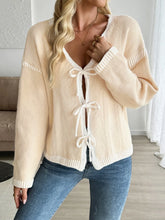 Tie-Front Long Sleeve Cardigan Khaki OutfitFlow