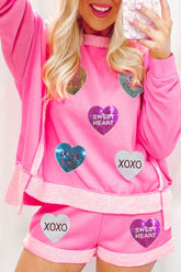Sequin Heart Round Neck Top and Shorts Set Pink OutfitFlow