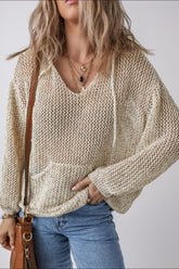 Openwork Dropped Shoulder Hooded Knit Top Beige OutfitFlow