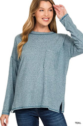Zenana Soft Melange Hacci Round-Neck Long Sleeve T-Shirt TEAL OutfitFlow