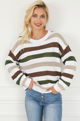 Striped Openwork Dropped Shoulder Sweater Multicolor OutfitFlow