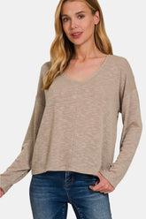 Zenana Dropped Shoulder Long Sleeve T-Shirt Lt Mocha OutfitFlow