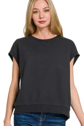 Zenana French Terry Round Neck Cap Sleeve T-Shirt BLACK OutfitFlow