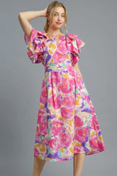 Umgee Floral Ruffled Cap Sleeve Midi Dress Hot Pink OutfitFlow