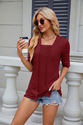 Texture Square Neck Short Sleeve Blouse Burgundy OutfitFlow