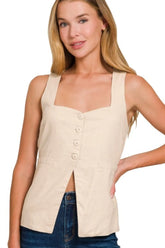 Zenana Linen Tie-back 4-button Vest with Lining SAND BEIGE OutfitFlow