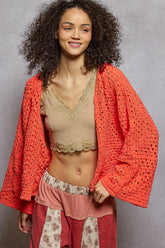 POL Open Front Cardigan with Crochet Patterns NEON ORANGE OutfitFlow
