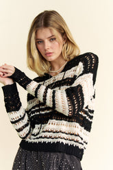 Davi & Dani Contrast Striped Crochet Drop Shoulder Knit Cover Up Black OutfitFlow