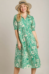 Umgee Full Size Printed Smocked Cuff Puff Sleeve Midi Dress Plus Size Green OutfitFlow