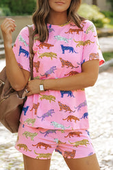 Animal Round Neck Top and Shorts Lounge Set Pink OutfitFlow