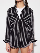 Striped Collared Neck Long Sleeve Shirt Black OutfitFlow