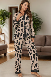 Button Up Long Sleeve Top and Pants Lounge Set Leopard OutfitFlow