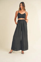 MABLE Smocked Bralette Crop Top and Wide Leg Pants Set Black OutfitFlow