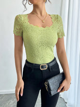 Floral Lace Square Neck T-Shirt Green OutfitFlow
