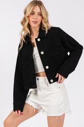 bytos Button Down Cropped Denim Jacket with Patch Pockets Black OutfitFlow