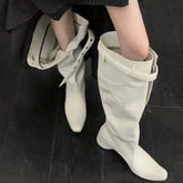Square Toe Block Heels Boots White OutfitFlow