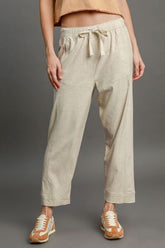 Umgee Full Size Drawstring Elastic Waistband Linen Blend Pants Plus Size OATMEAL OutfitFlow