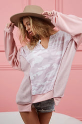BiBi Camo Printed French Terry Knit Color Block Top DUSTY PINK OutfitFlow