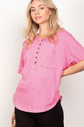 VERY J Twisted Sleeve Band Half Button Top Pink OutfitFlow