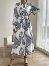 Printed Notched Lantern Sleeve Midi Dress White OutfitFlow