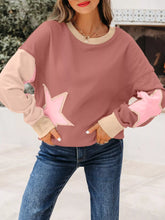 Contrast Star Patchwork Exposed Seam Uneven Hem Drop Shoulder Sweatshirt Dusty Pink OutfitFlow
