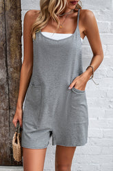 Devine Spaghetti Strap Romper with Pockets Gray OutfitFlow