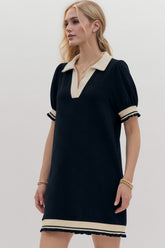 Oh Frill Contrast Trim Johnny Collar Short Sleeve Mini Dress Black OutfitFlow